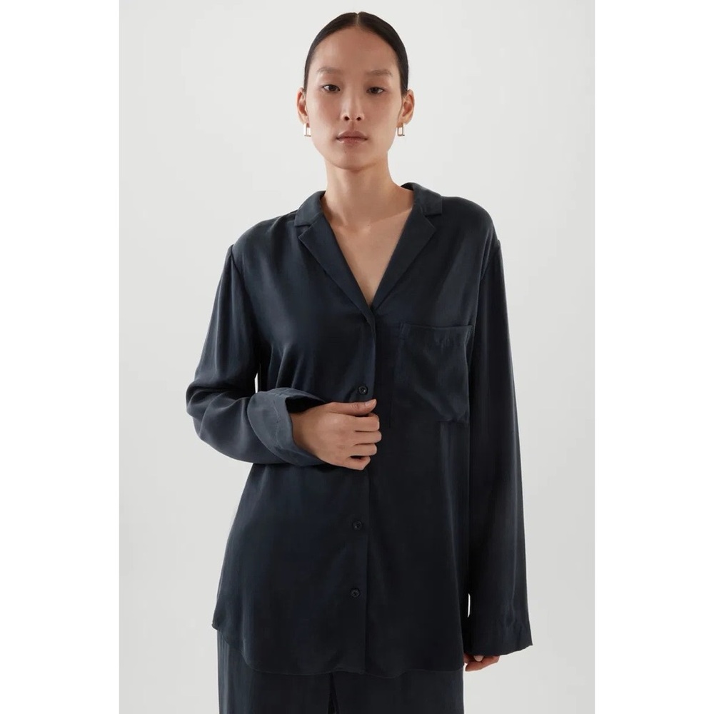 COS Silk Pajama Button Down Shirt in Dark Navy Blue